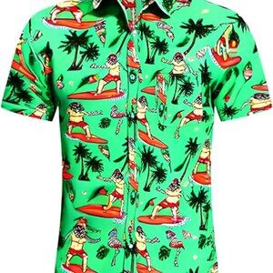 Men's Surfing Santa Casual Button Down Shirt - Green